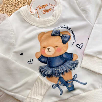 Conj. Blusa Manga Longa Ursinha Bailarina e Calça Legging Corações - Off White e Marinho